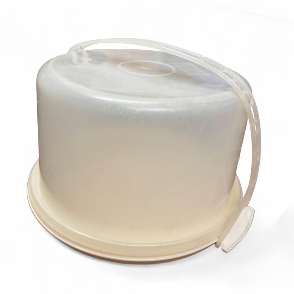 Vintage Tupperware Round Cake Taker Carrier White Base Sheer Dome Handle 684 682